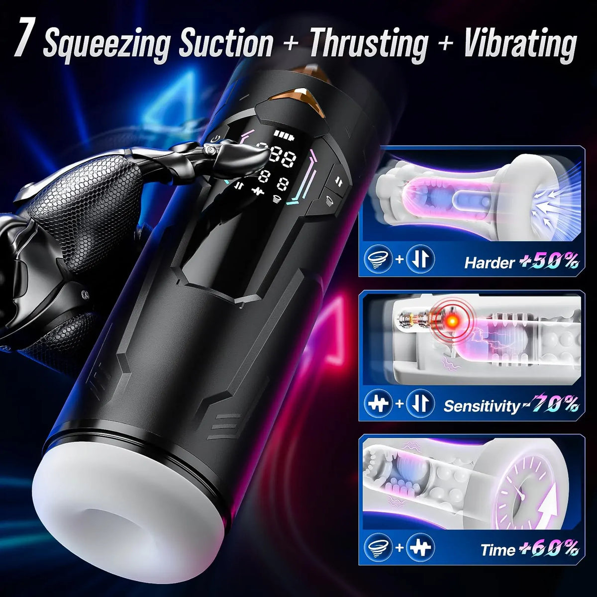 XT4: Handsfree-masturbator med aktivt klämgrepp, sug, juckande rörelse & vibration