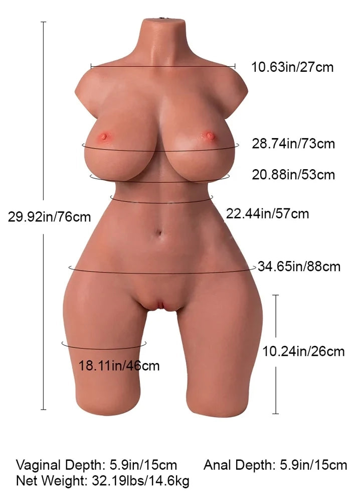 Selena: 14,6 kg brun silikon sexdocka-torso, Mjuka gelbröst, Fyllig rumpa