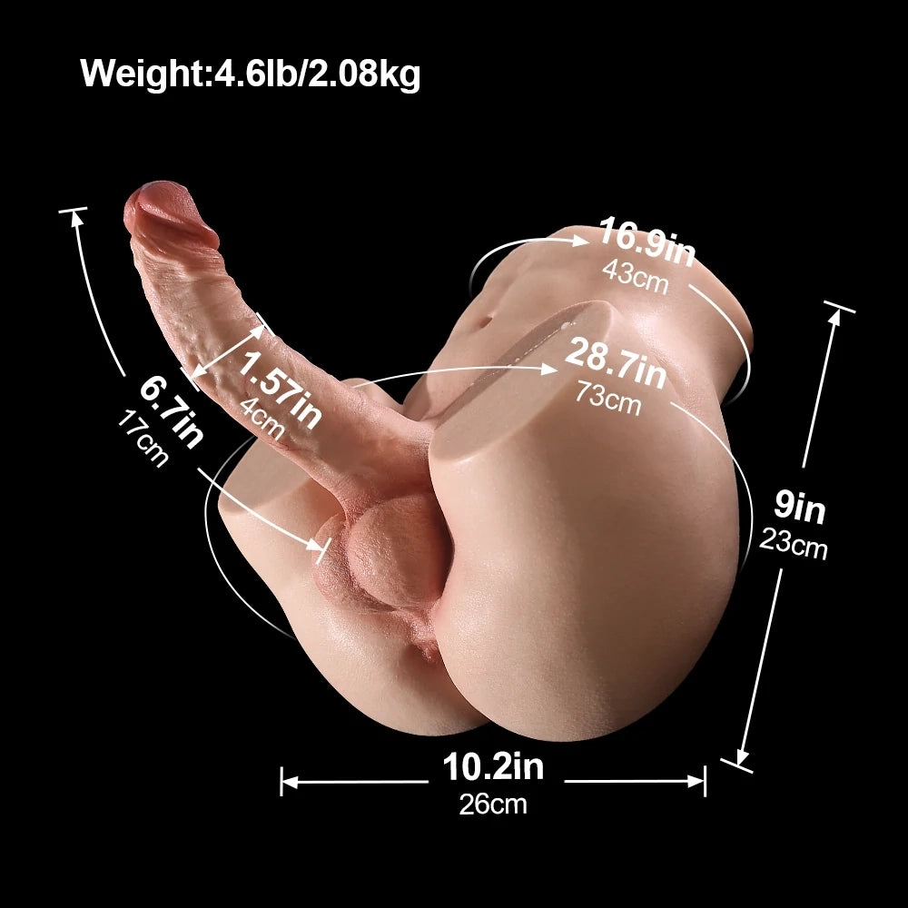 Asher: silikon-manstorso, 17 cm penis, Kort kropp