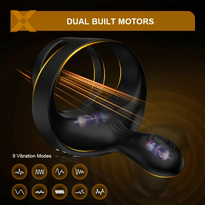 PR6: 3-i-1 penisring med dubbelmotor, 9 vibrationer & fjärrkontroll