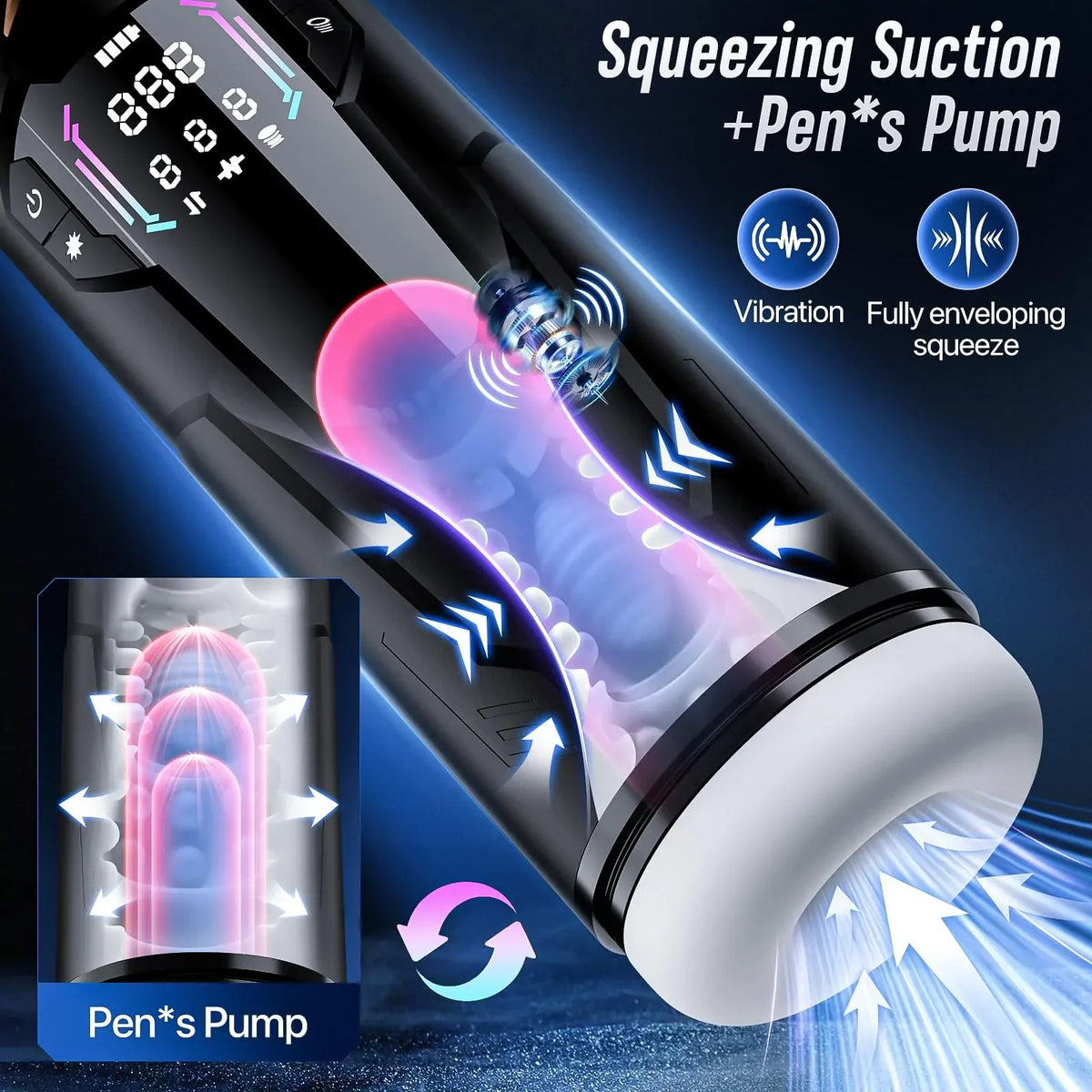 XT4: Handsfree-masturbator med aktivt klämgrepp, sug, juckande rörelse & vibration