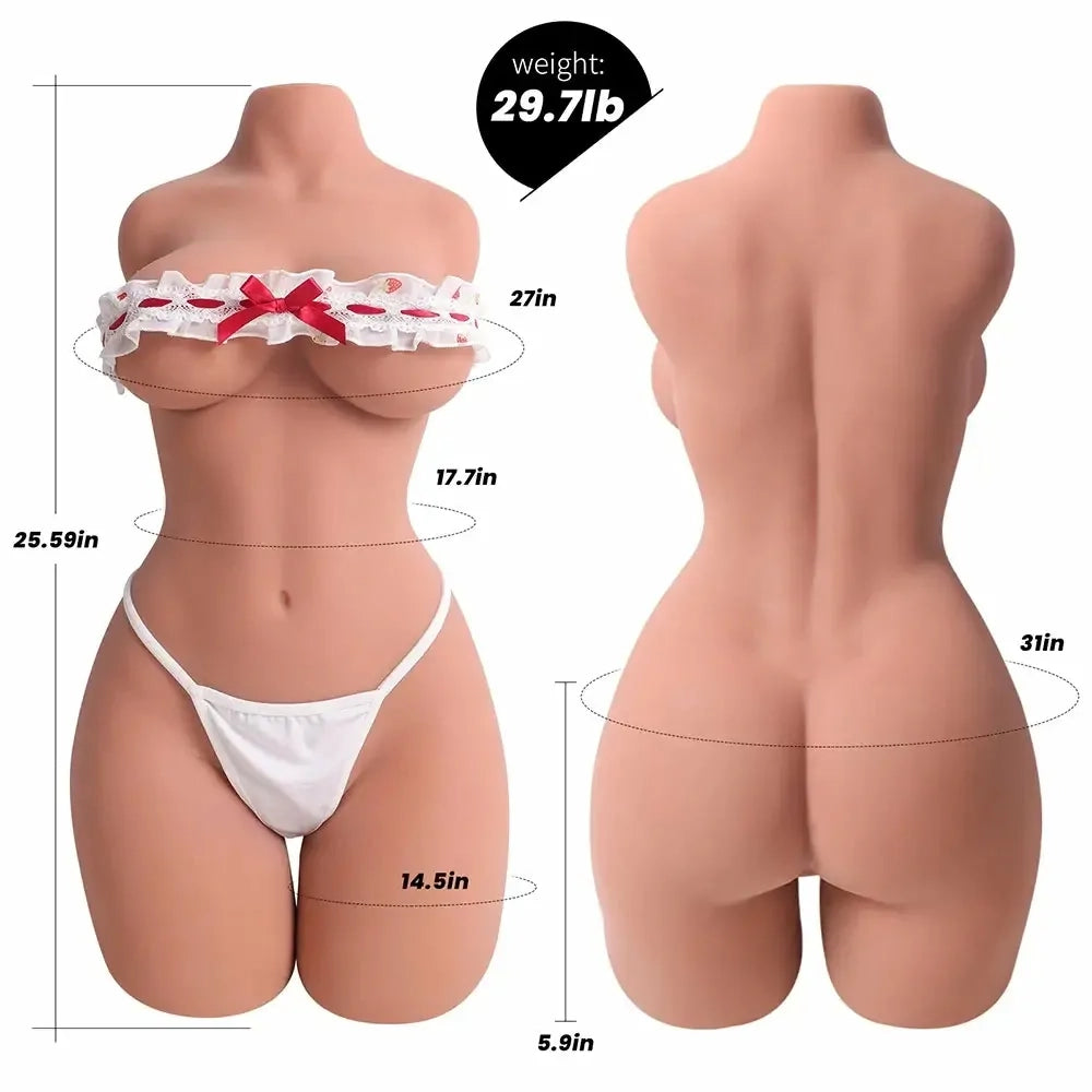Adna: brun sexdocka torso med 69 cm gelbröst & två 16 cm djupa kanaler